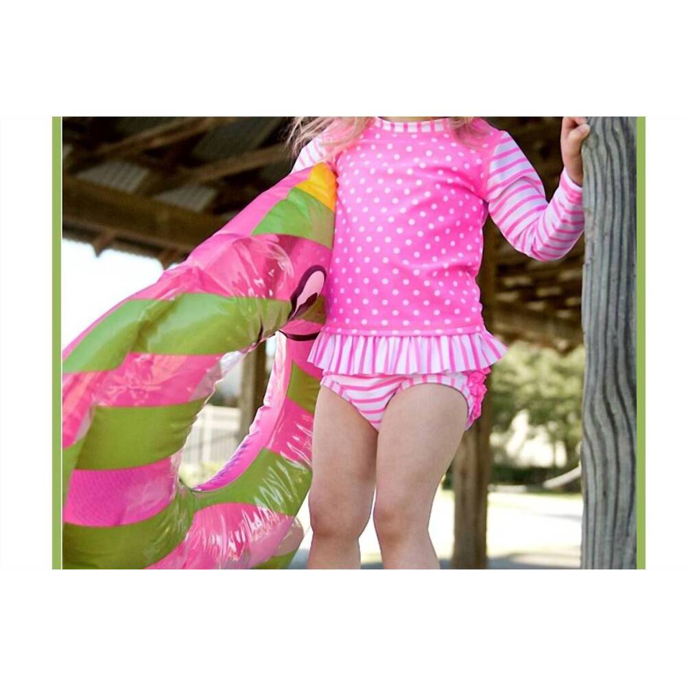 NEW RUFFLEBUTTS stripe and dot rash guard swim suit in hot pink